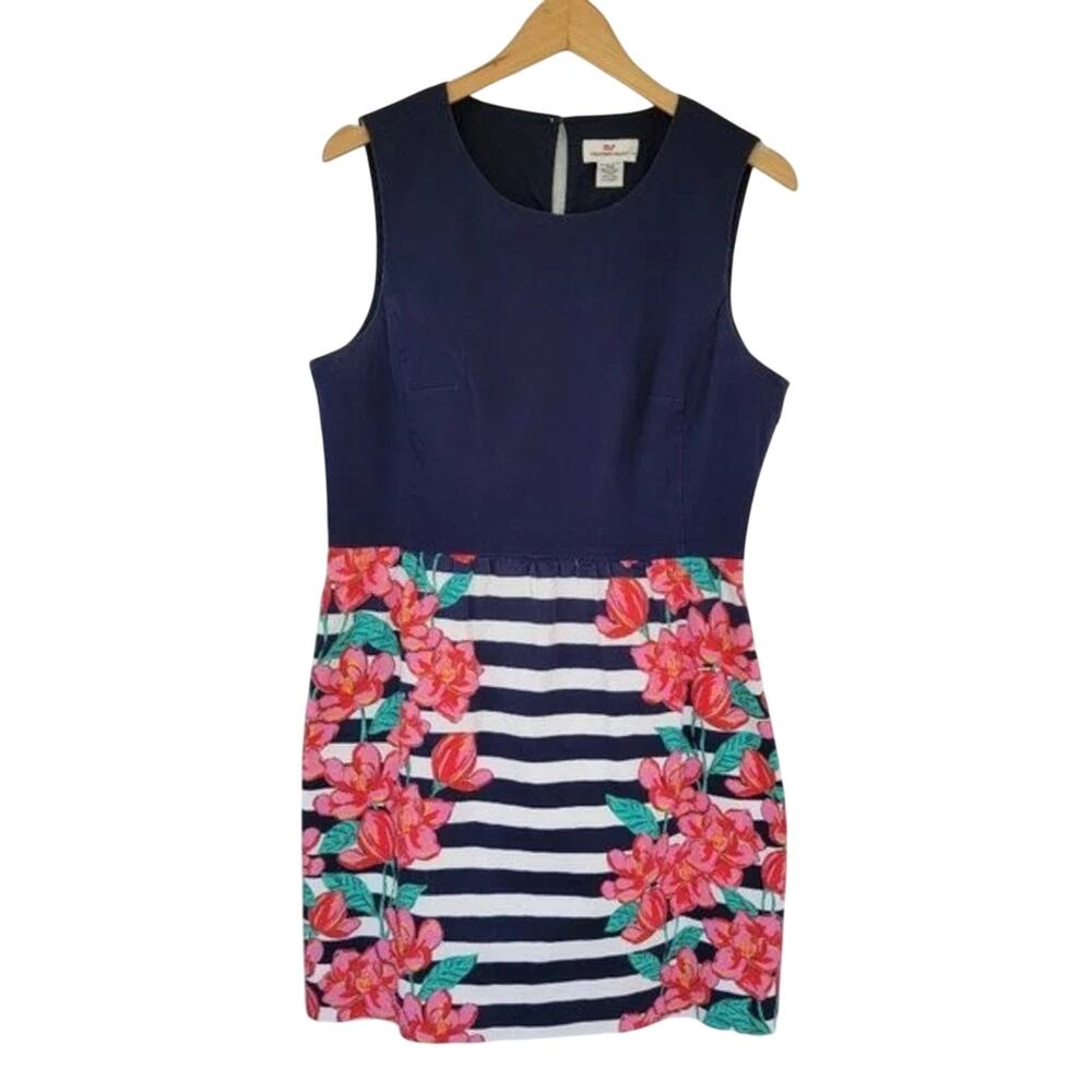 Vineyard Vines Floral Striped Sheath Dress Navy White Women Size 12 Sleeveless